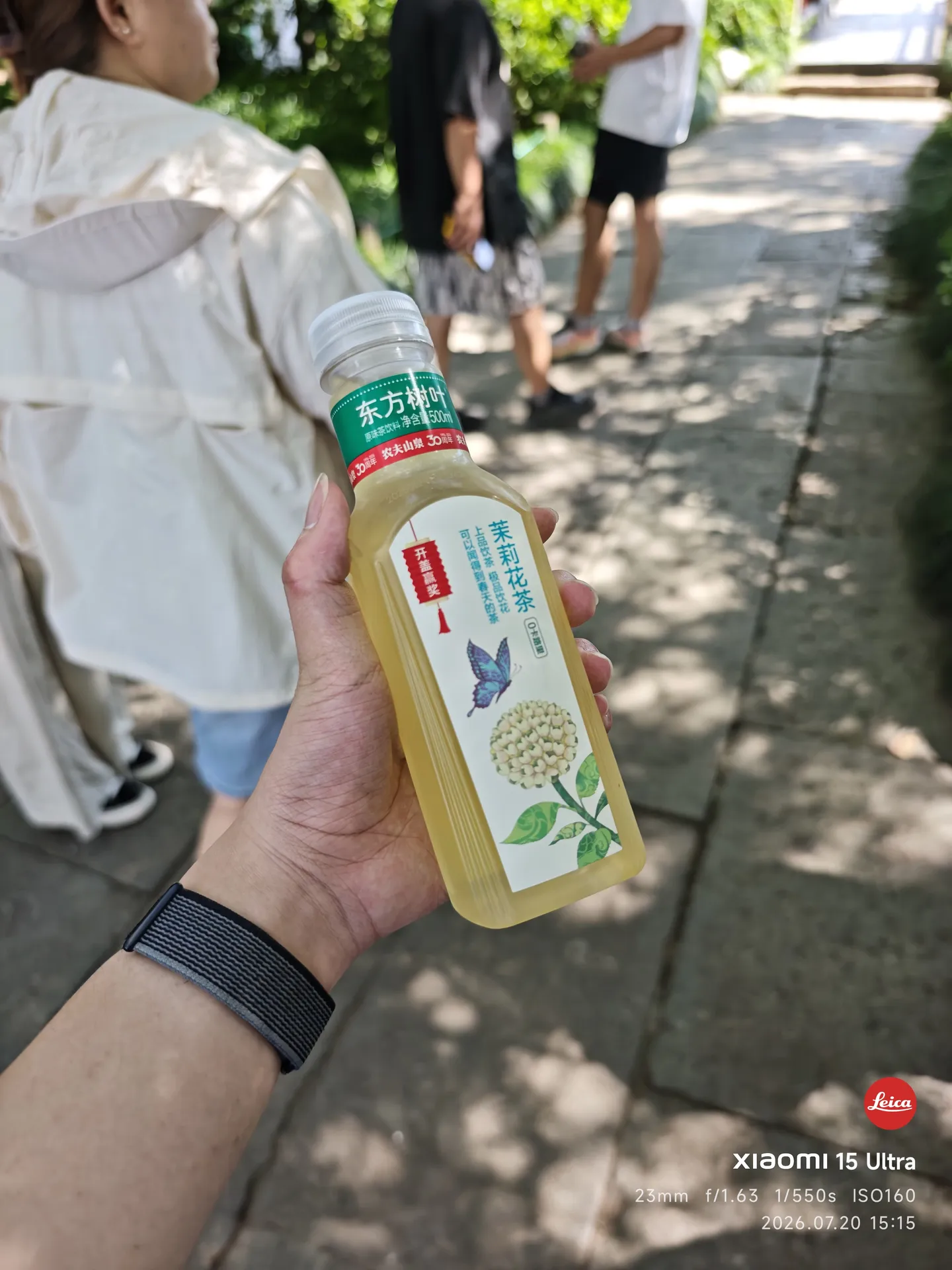 手里拿着一瓶东方树叶茉莉花茶